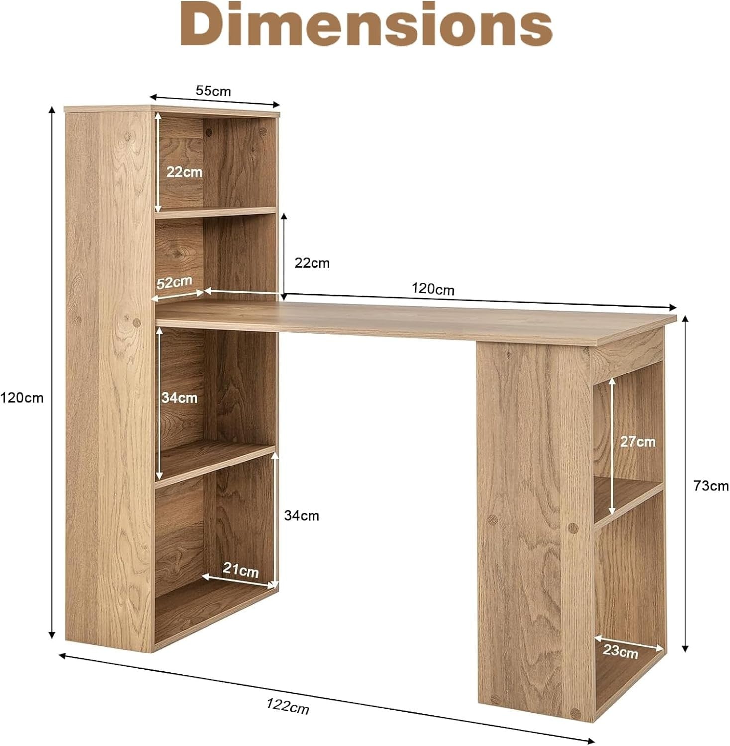 Natural Wood Computer Desk 122x52cm with 6-Tier Storage Shelves