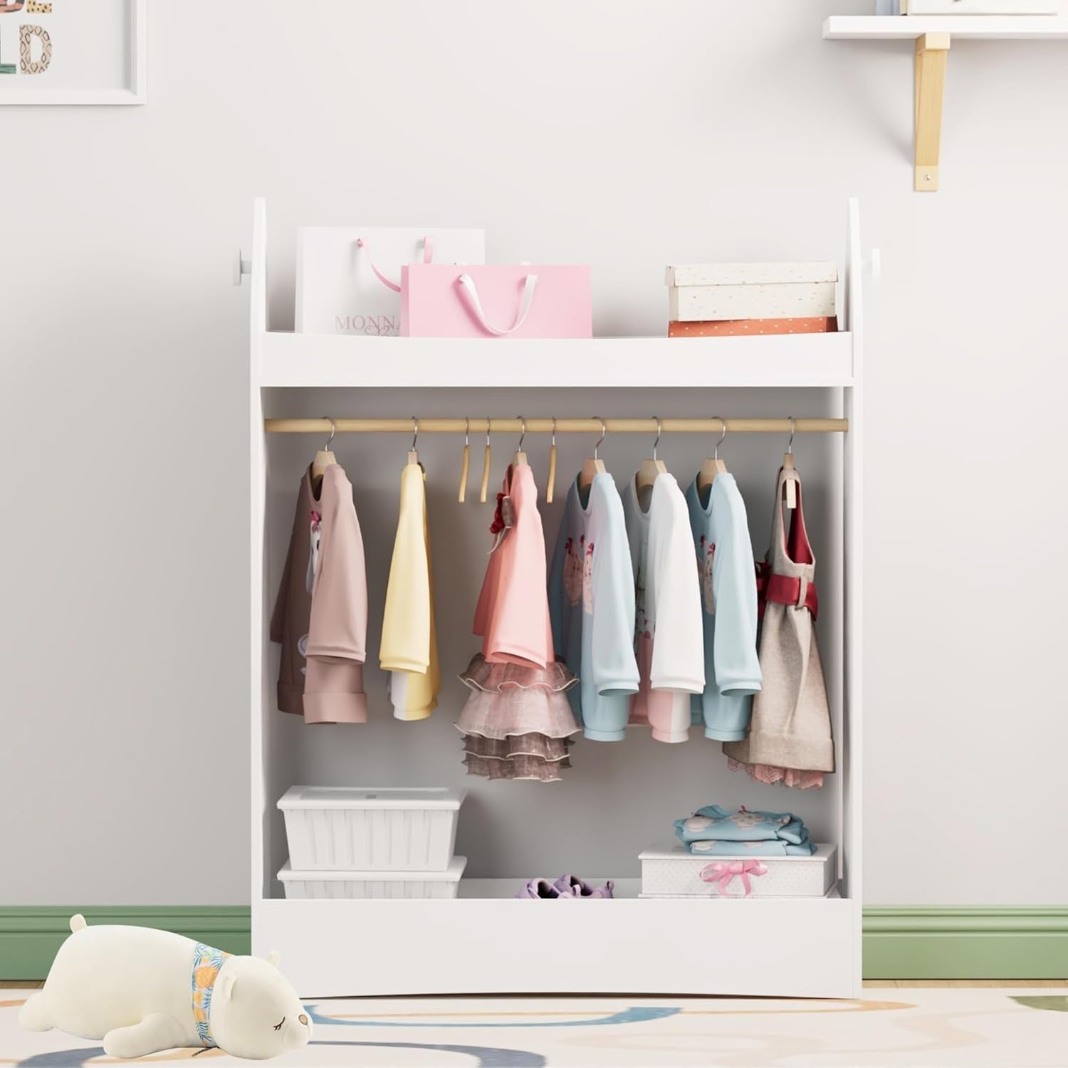 Kids Wardrobe with Mirror & Hanging Rail, No Drawer, White Rocket Design
