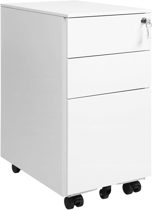 White Mobile File Cabinet 45x30x60cm Lockable Steel 3 Drawer