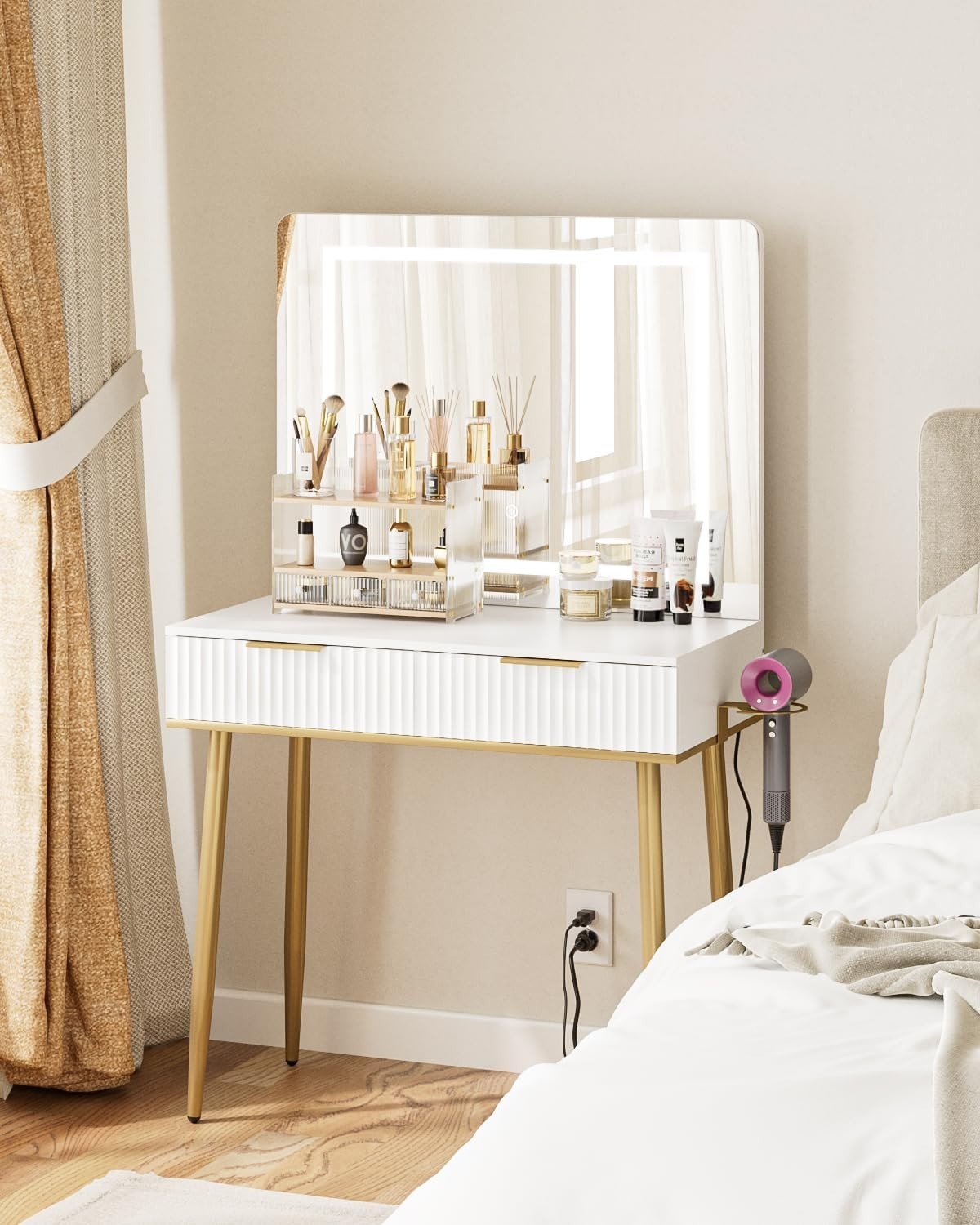 White Dressing Table Makeup Desk LED Light Mirror Drawers Gold Legs Modern