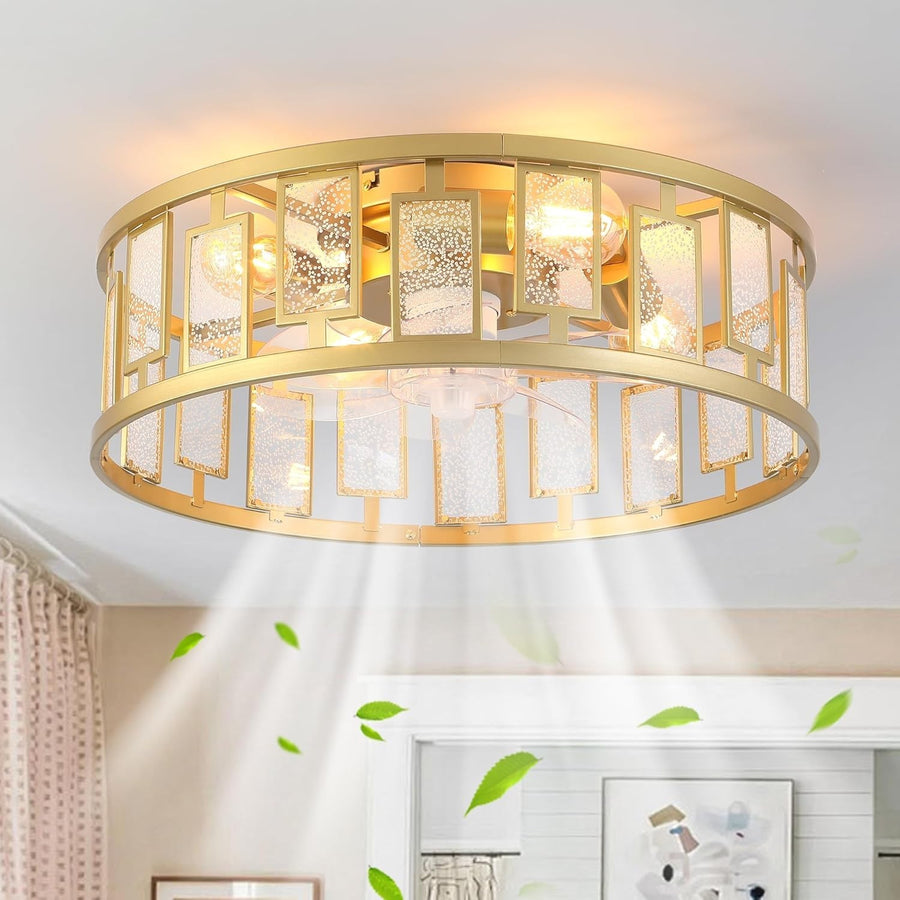 20" Caged Ceiling Fan Light, Crystal Style, Gold Flush Mount, 4 Lights, Remote