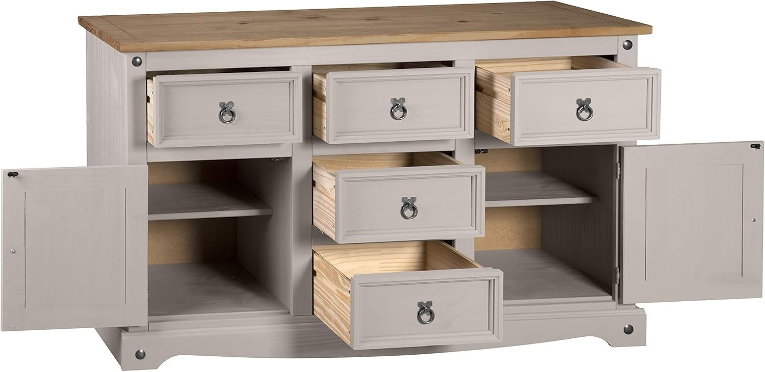 Grey Pine Sideboard Cabinet 2 Doors 5 Drawers Storage Rustic Solid Wood Unit