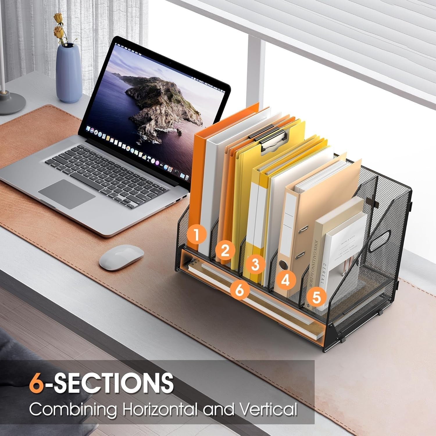 Desktop File Organizer Rack – 5 Vertical Compartments, Mesh Folder Holder, Home