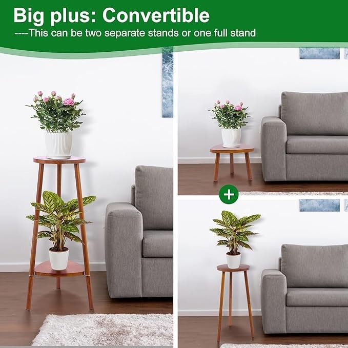 2 Tier Wooden Plant Stand Indoor Outdoor Convertible Flower Shelf Walnut