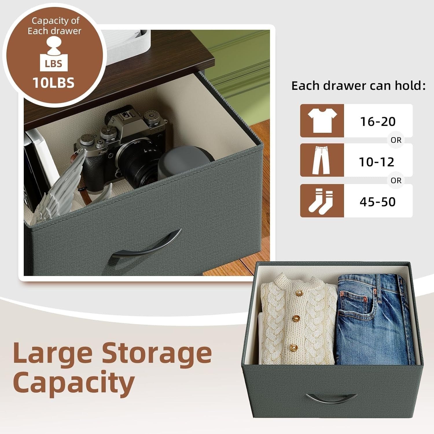Charcoal Grey Bedside Tables Set of 2 with Fabric Drawers, Metal Frame