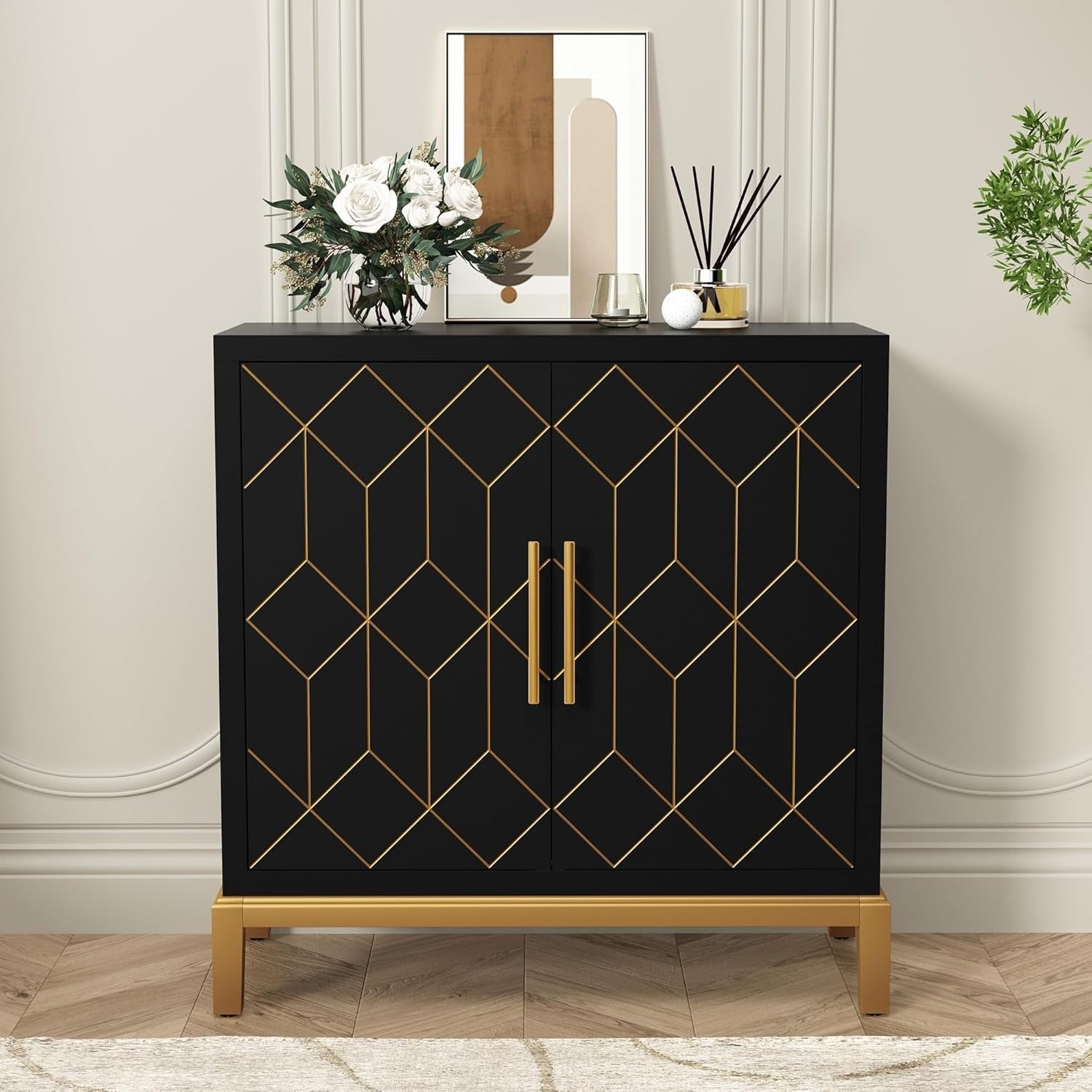 Modern Black Sideboard Cabinet Gold Legs 2 Door Storage Unit Hallway