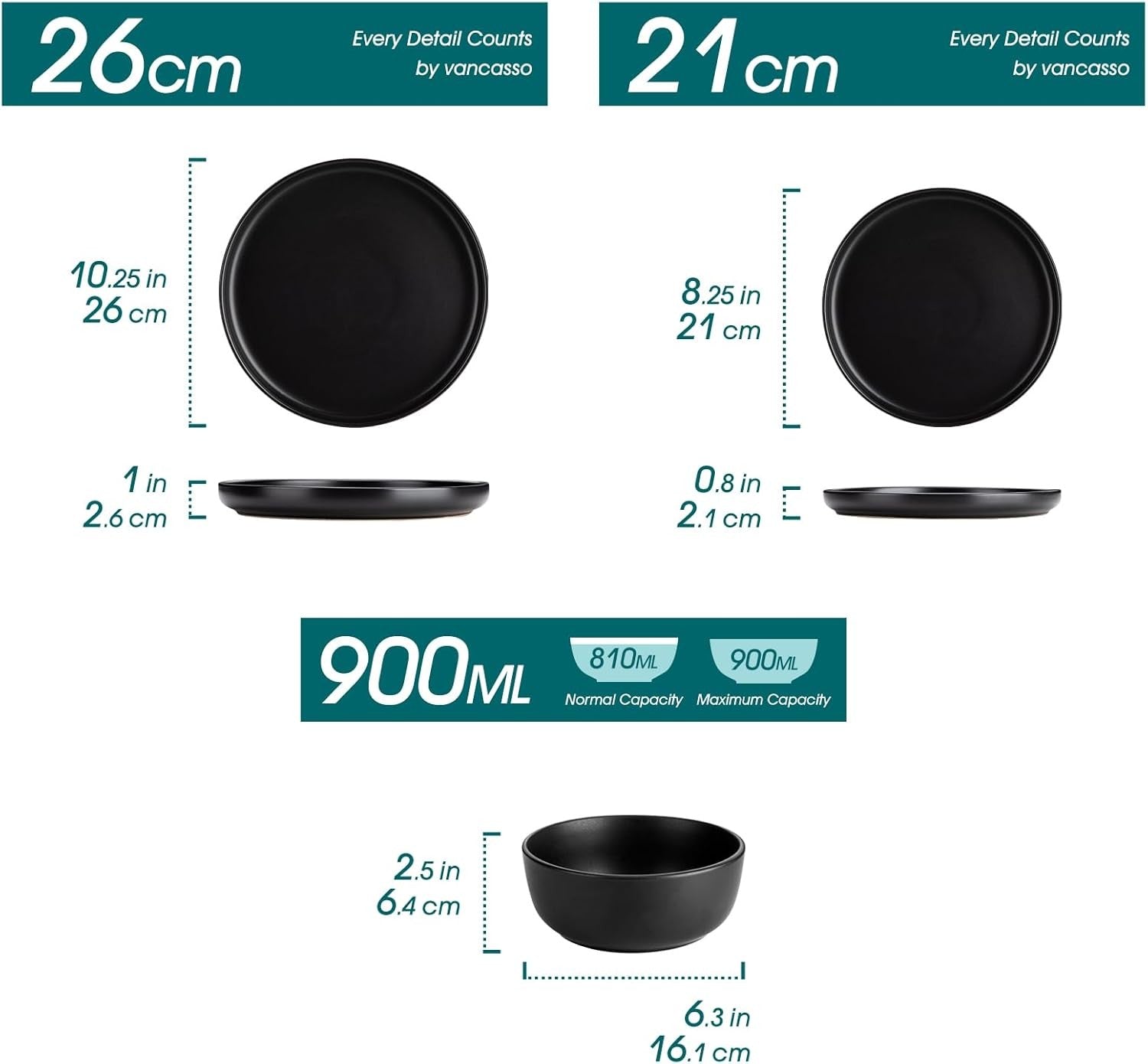 36pc Black Stoneware Dinner Set Plates Bowls Matte Finish Service for 12