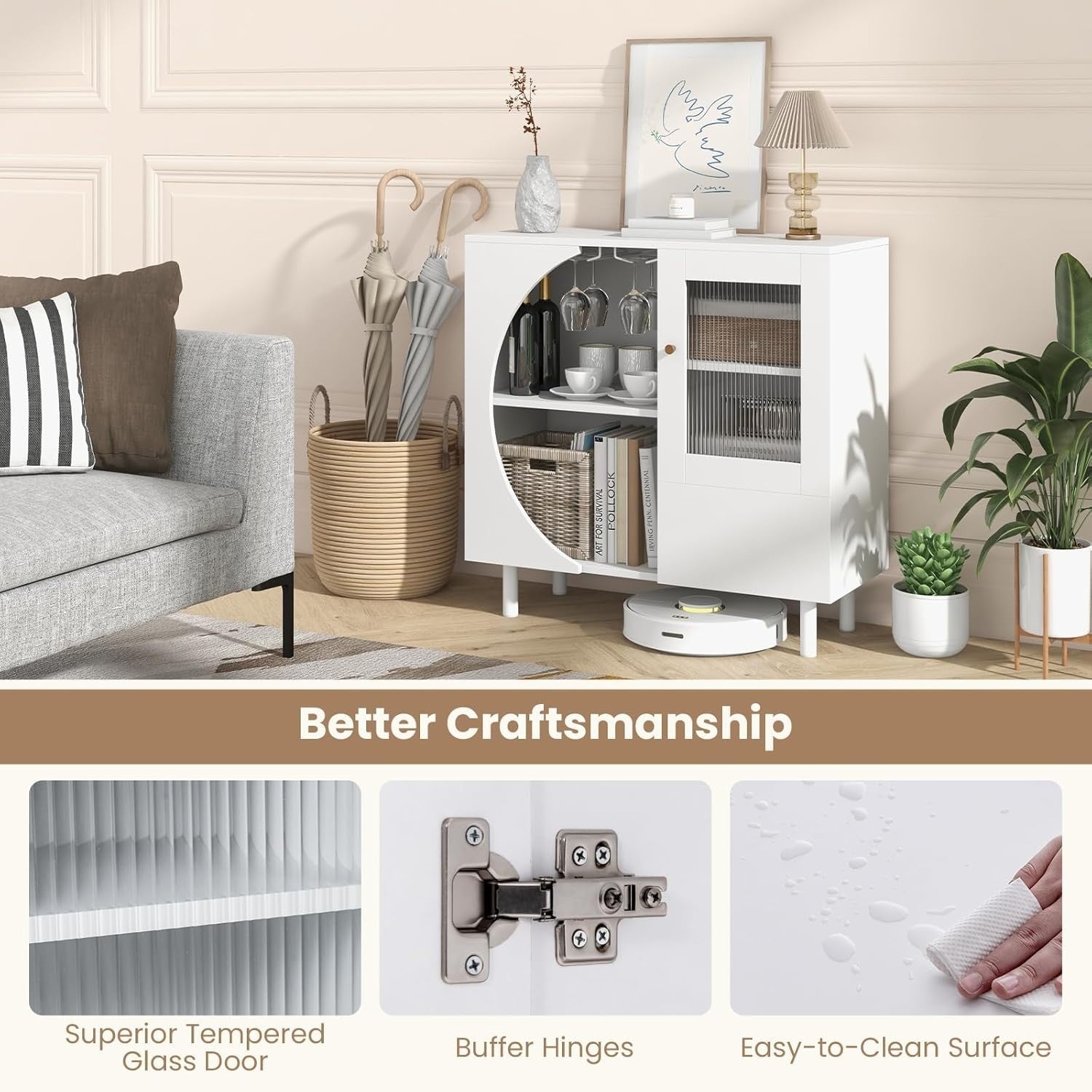 White Kitchen Buffet Sideboard 80cm Wooden Storage Cabinet Glass Doors