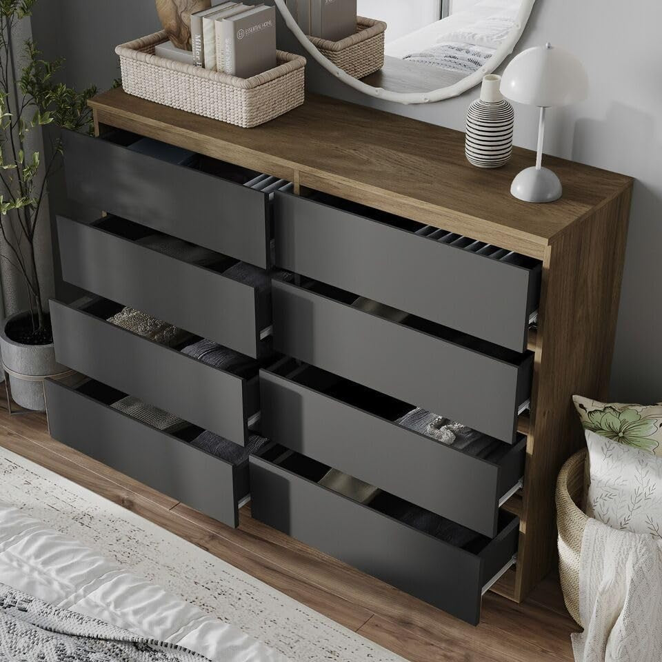 Modern Oak Black 8 Drawer Chest Cabinet Bedroom Dresser Storage Unit