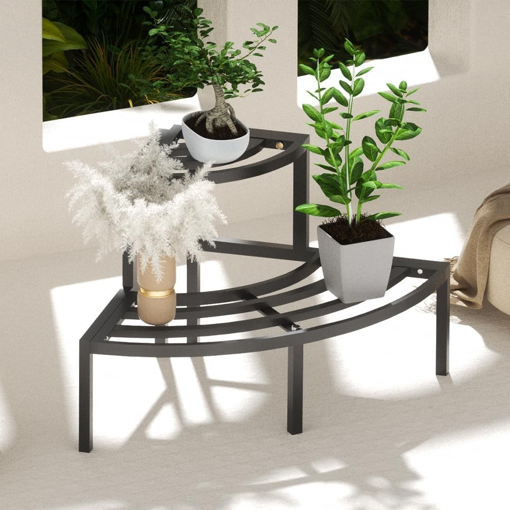 2 Tier Aluminum Plant Stand Black Corner Flower Pot Display Shelf Indoor Outdoor
