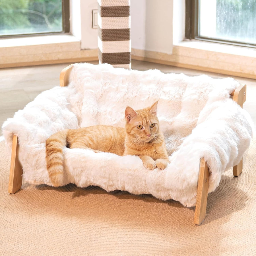 Raised Cat Bed Beech Wood Large Pet Sofa Washable Plush Cover 70cm
