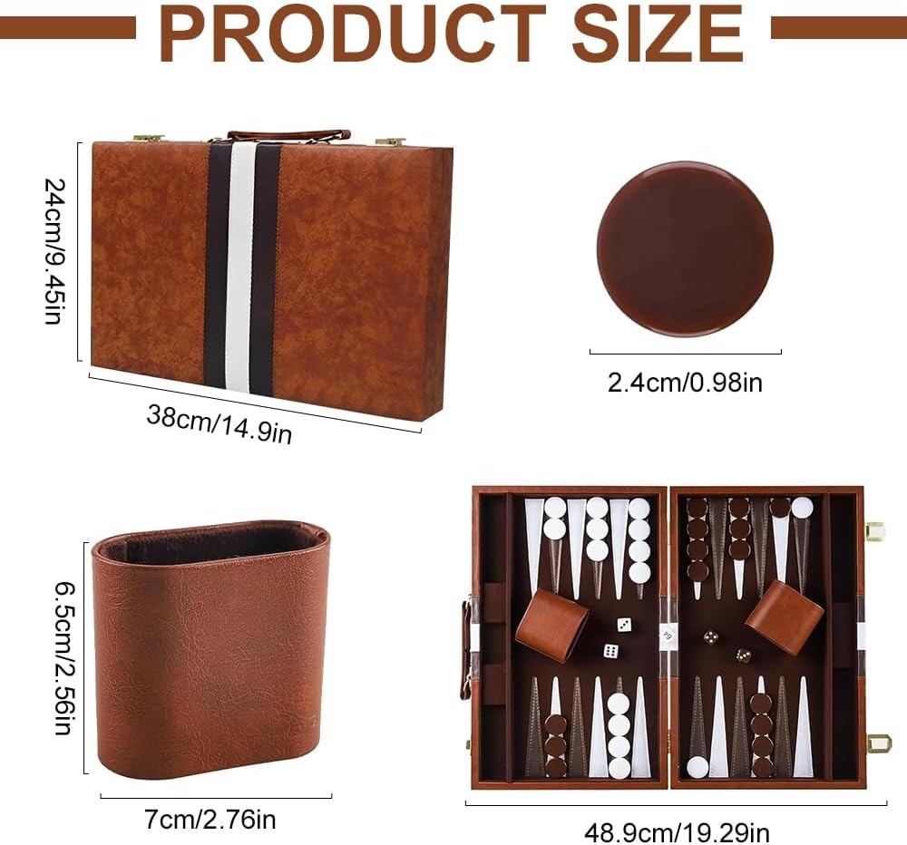 15 Inch Backgammon Set Leather Case Portable Board Game Dice Cups