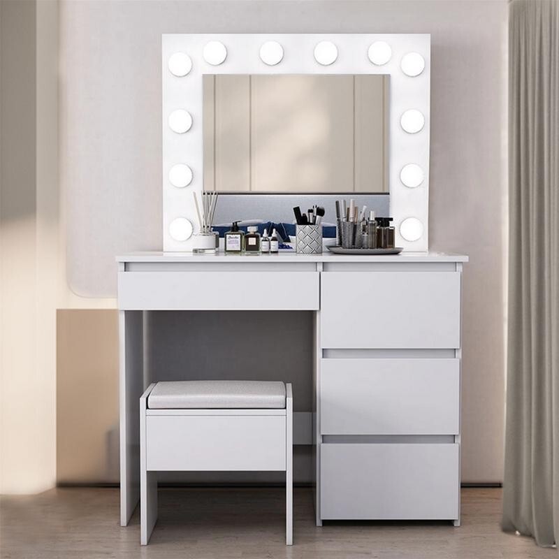 White LED Vanity Dressing Table with Mirror & Stool Makeup Desk MDF