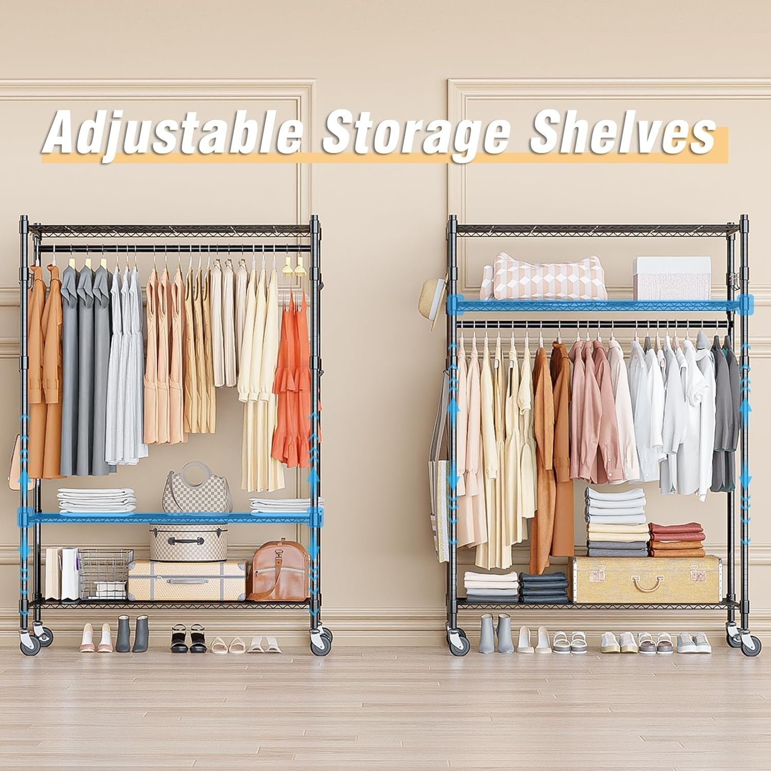 Heavy Duty Double Rod Clothes Rail with Shelves & Wheels – Black 205cm