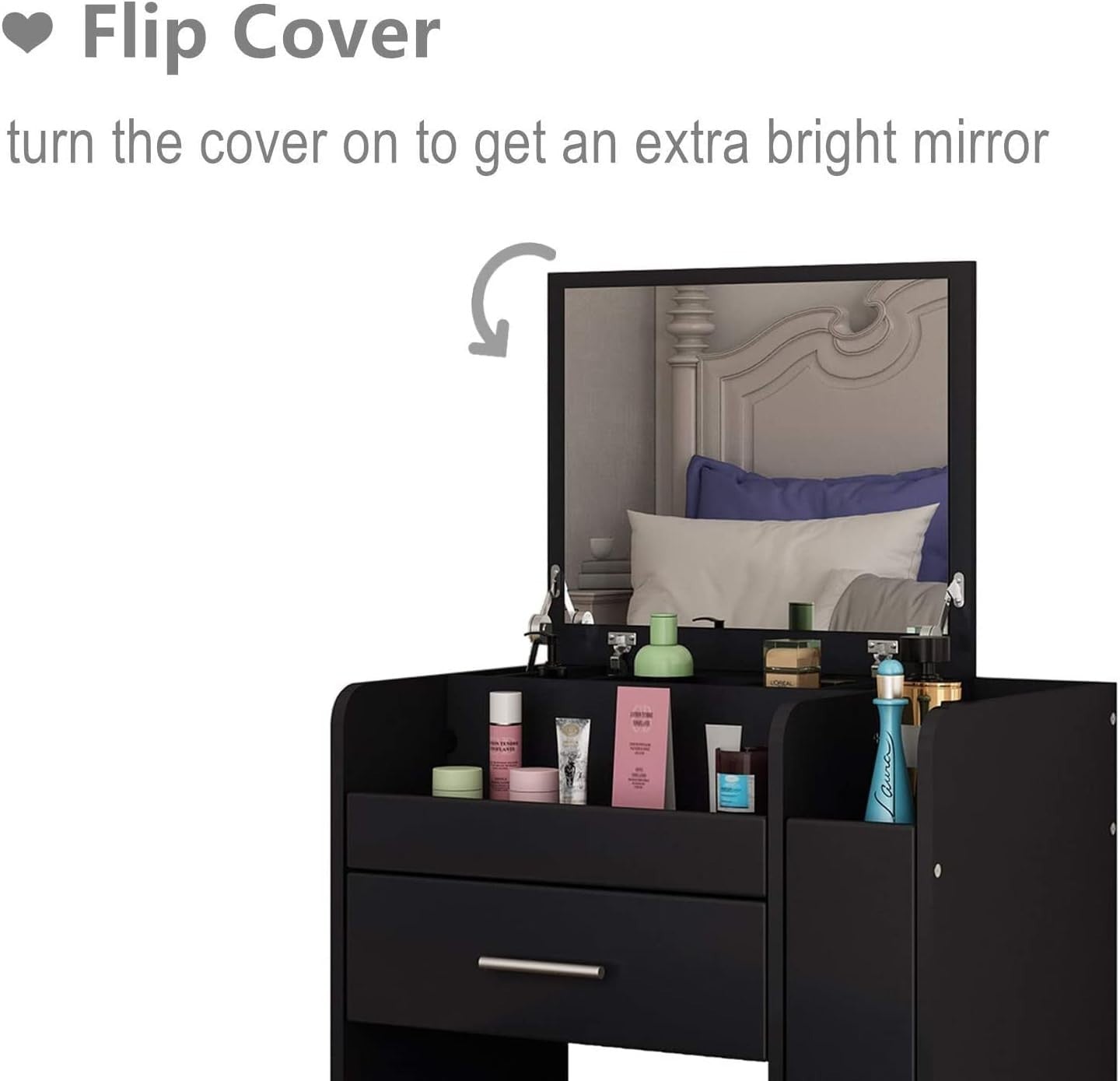 Vanity Set Dressing Table Flip Mirror 3 Drawers LED Lights Stool Makeup Desk Bla