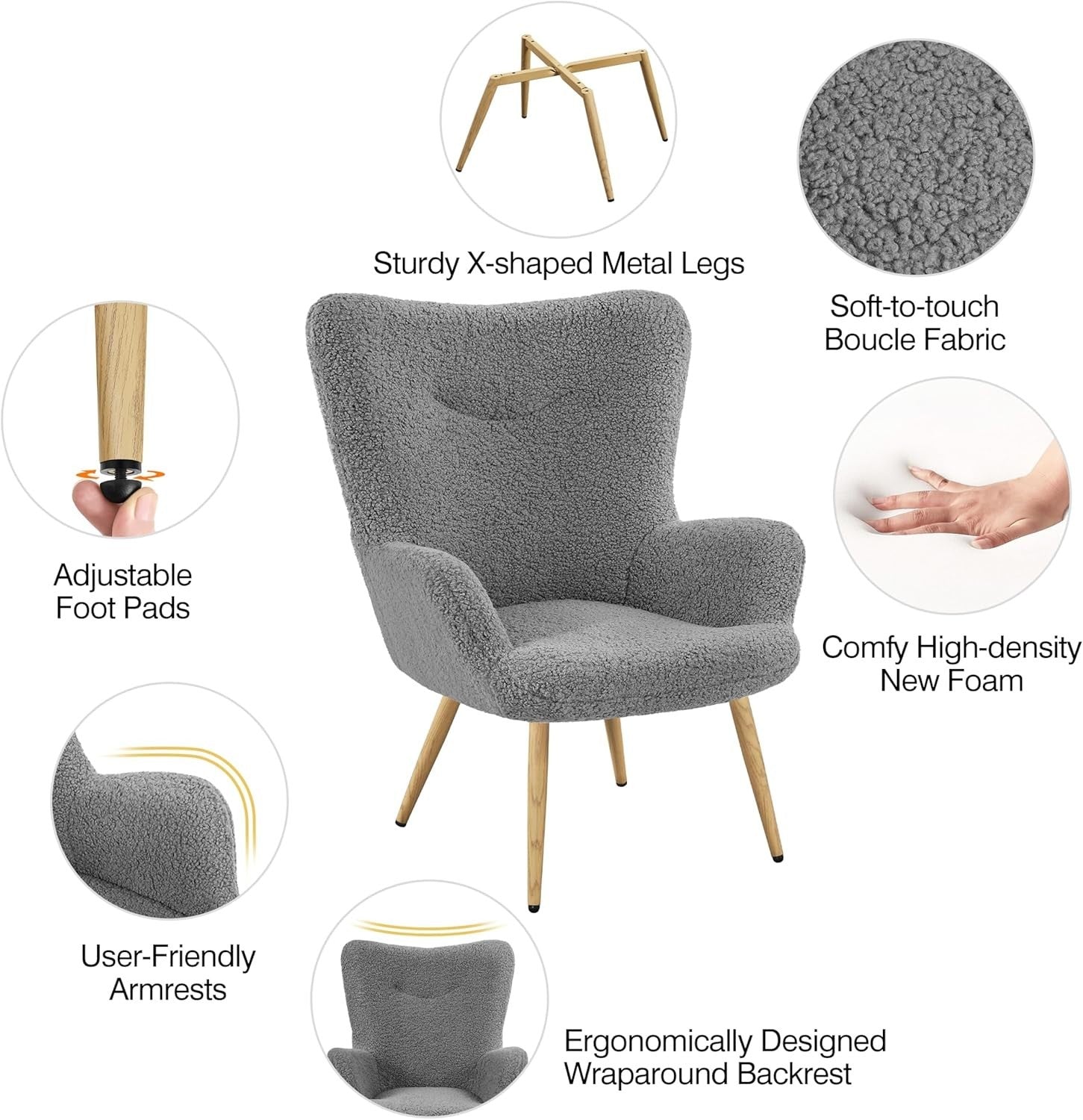 Cozy Sherpa Fuzzy Tub Chair with Folding Backrest & Wooden Legs, Grey