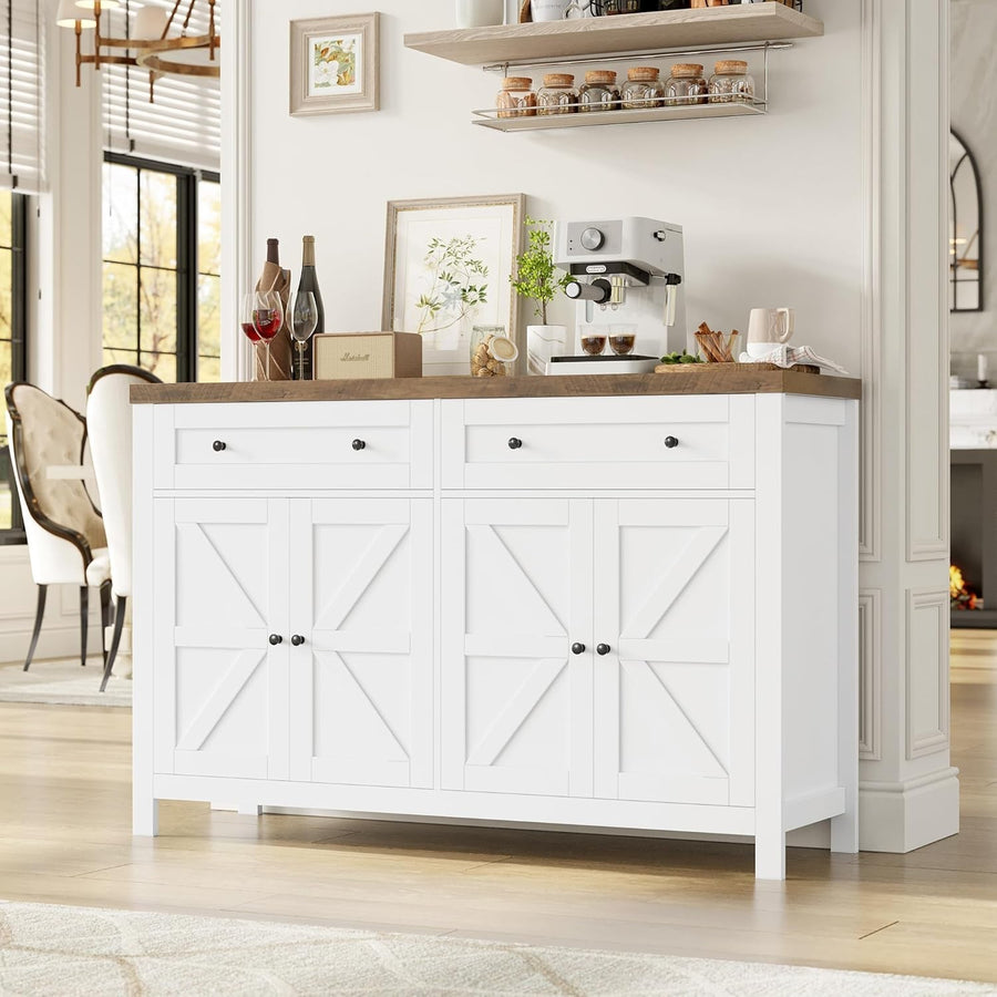 Modern White Sideboard with Adjustable Shelf 2 Drawers 4 Compartments