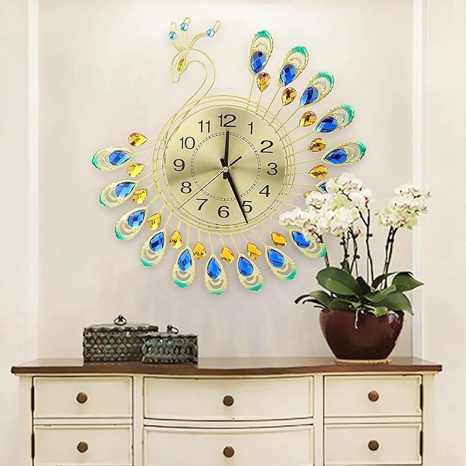 Large 3D Peacock Wall Clock Silent Luxury Metal Decorative Art 37cm Home