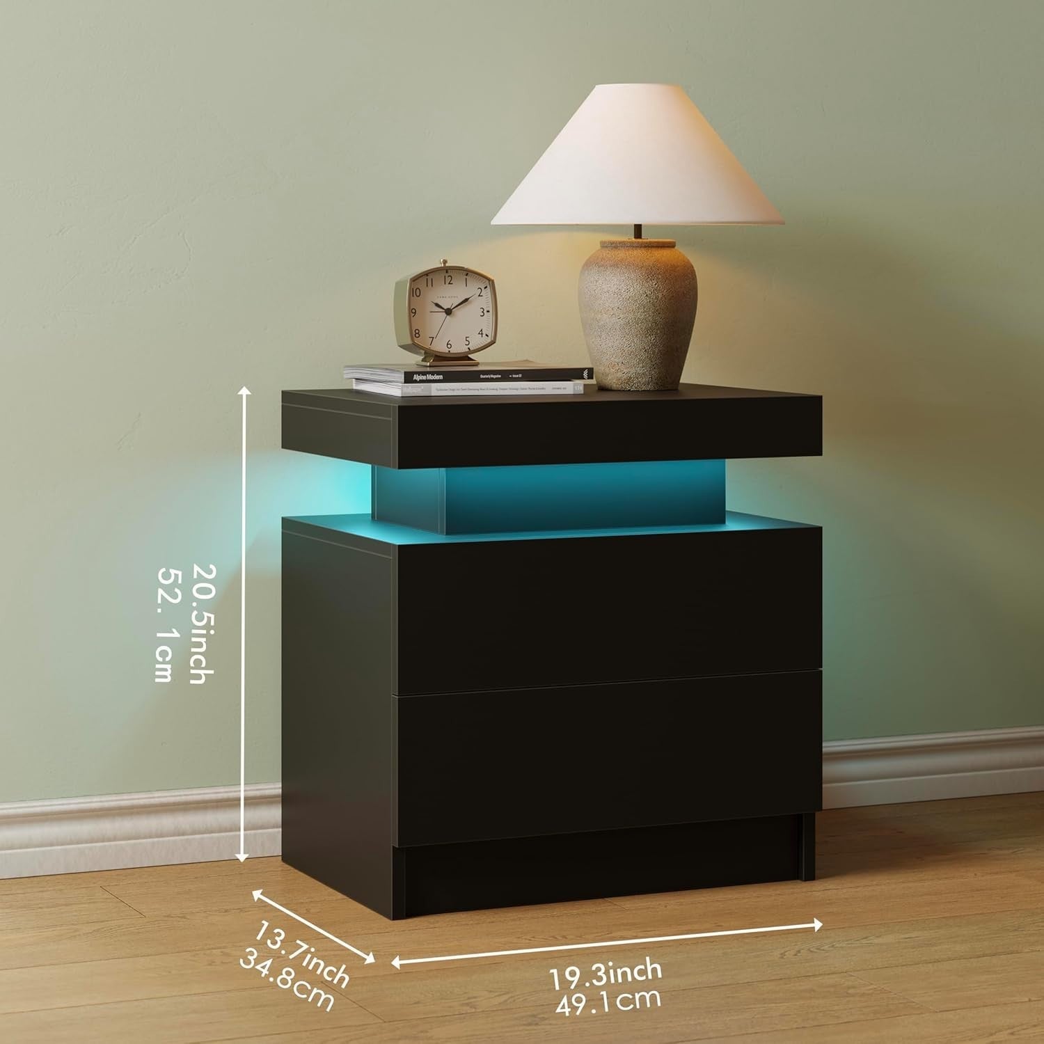 Modern Black LED Bedside Tables Set of 2 with RGB Lights & Drawers