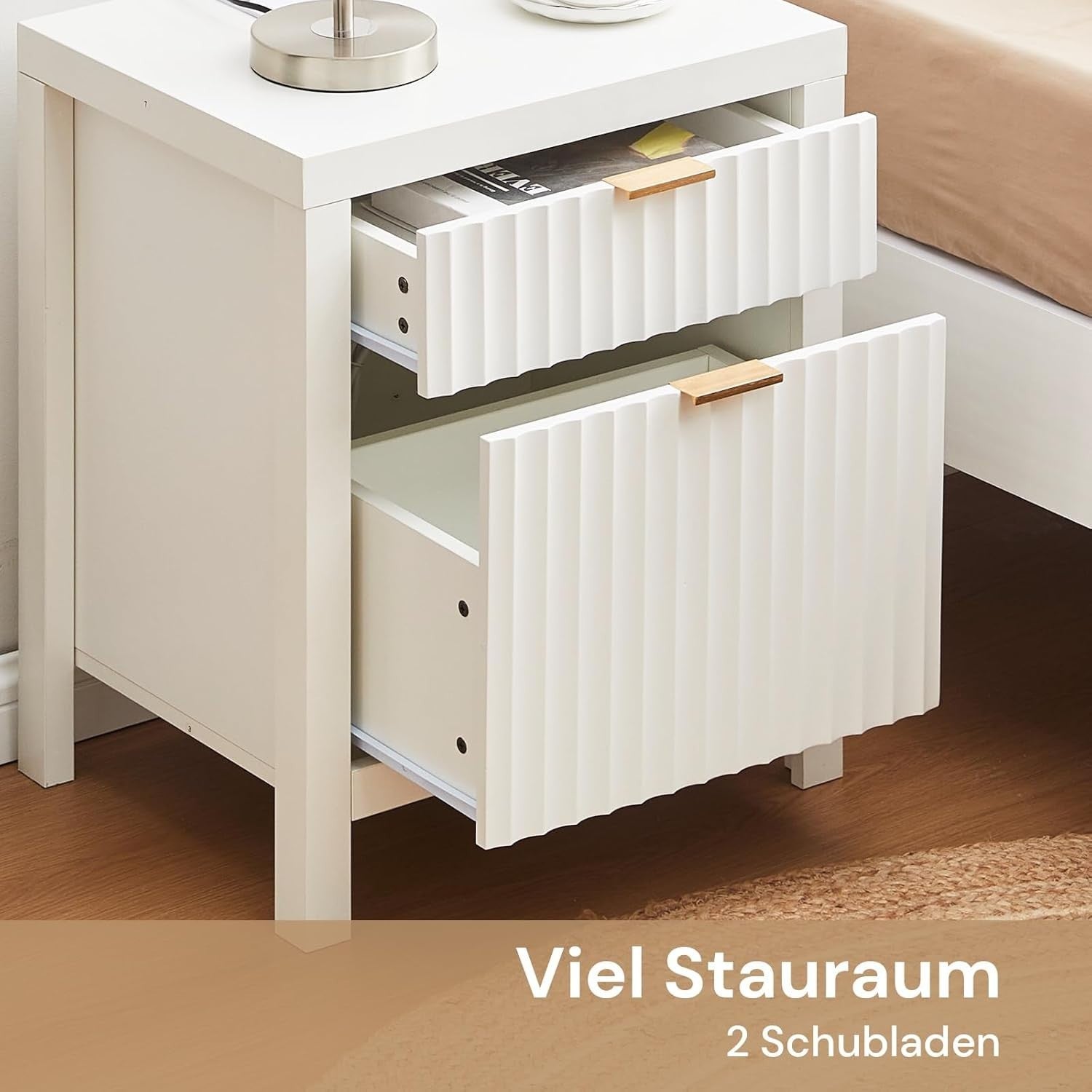 Modern White Bedside Table 2 Drawers with USB Charging Station 71x47x20cm