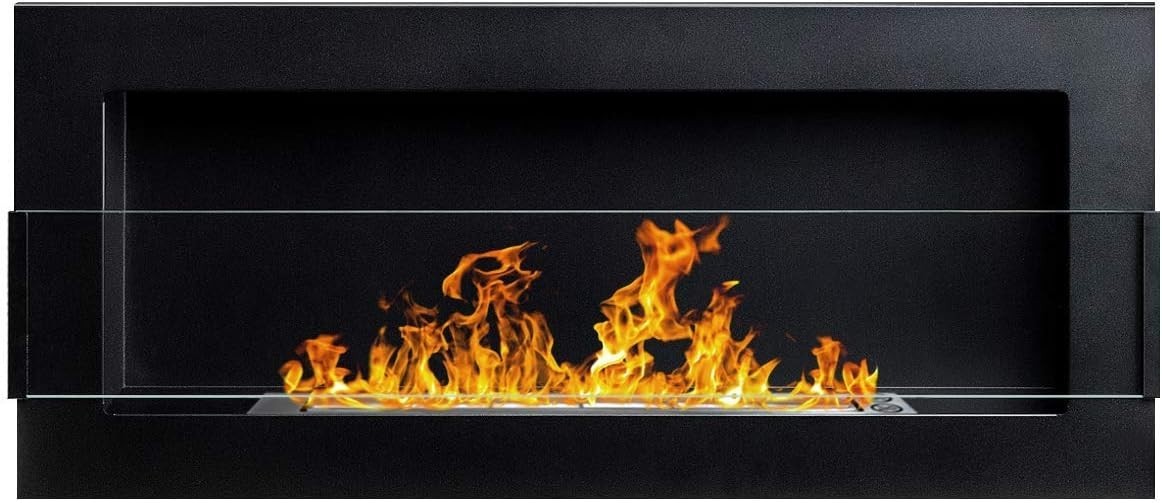 Wall-Mount Bio Ethanol Fireplace Modern Black Glass with Flame Effect