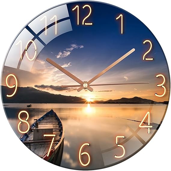 Sunset Blue Glass Wall Clock 12” Silent Non-Ticking Modern Round Home Decor