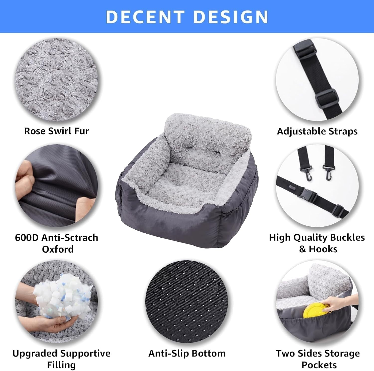 Luxury Dog Booster Car Seat Washable Travel Bed Safety Leash Grey
