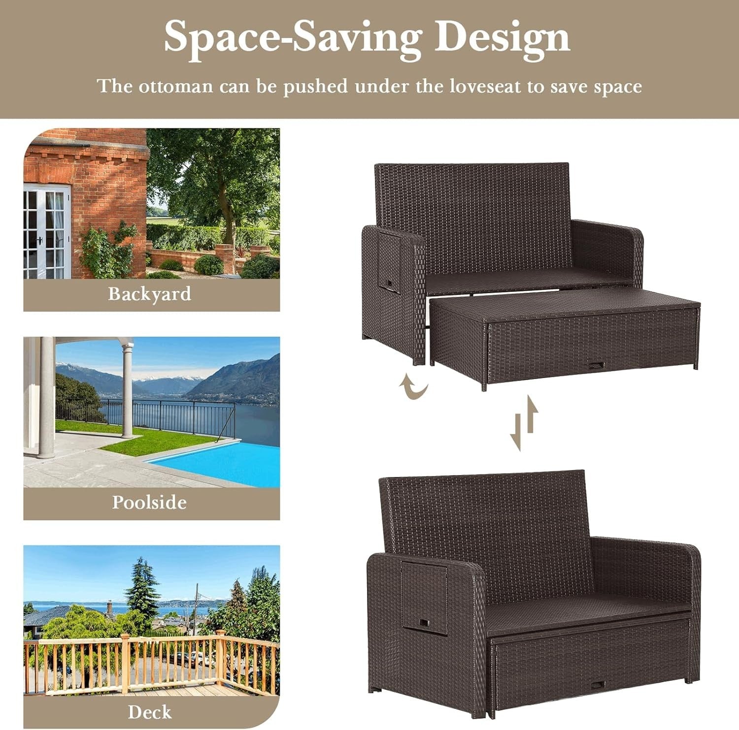 Navy+Brown 2-Seater Rattan Outdoor Daybed with Adjustable Back & Ottoman