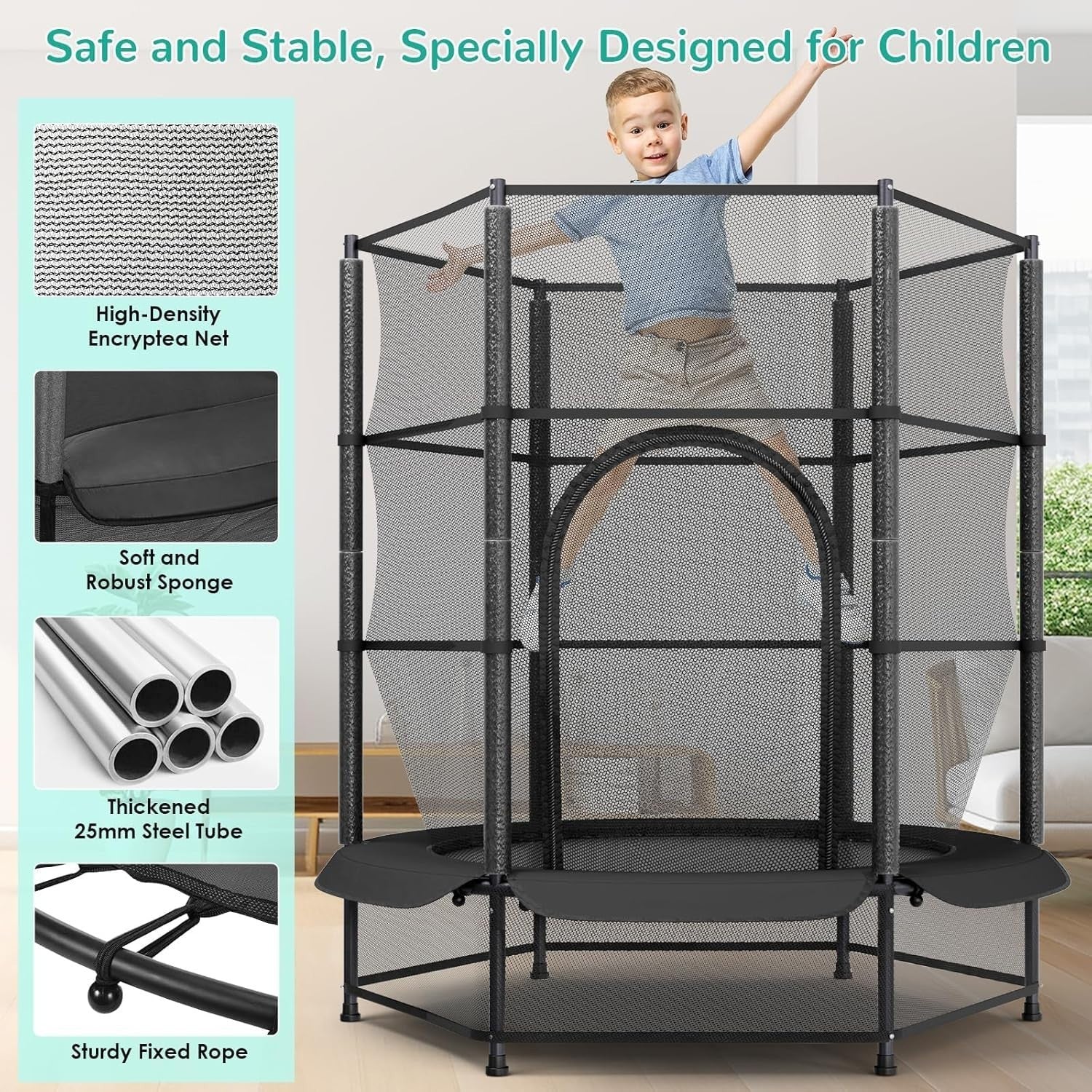 Kids 55” Indoor Outdoor Trampoline w Safety Net Floor Guard Ages 3–10
