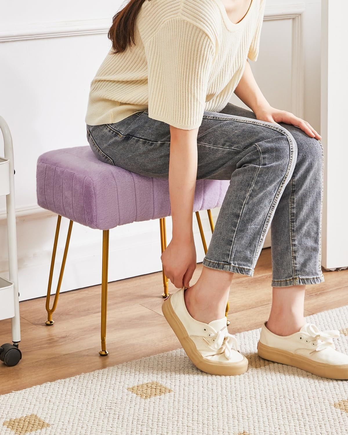 Purple Velvet Footrest Ottoman – Rectangular Vanity Stool with Gold Legs