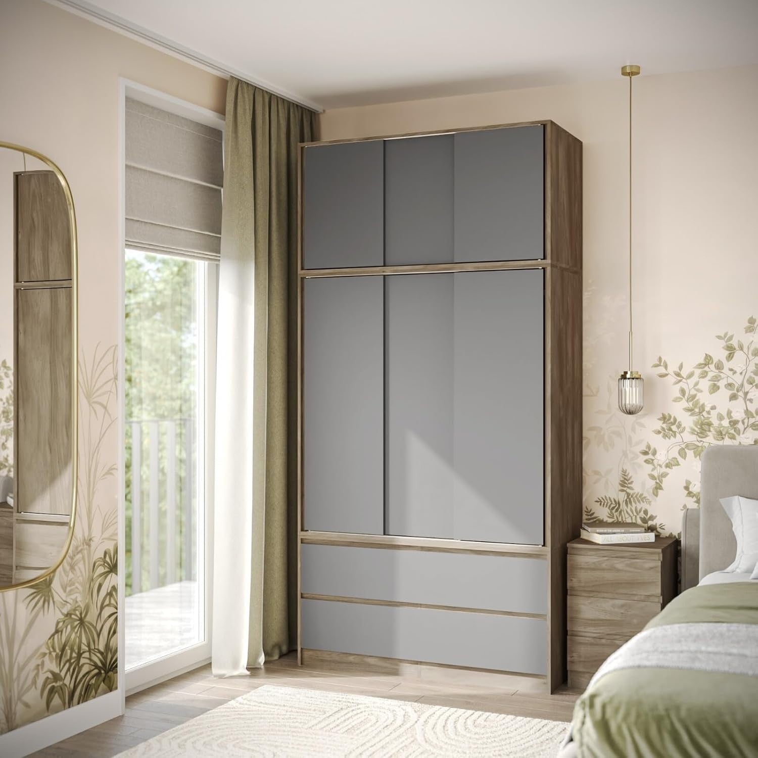 240cm Sliding Wardrobe Grey Doors 6 Door 4 Drawer Closet Storage Unit