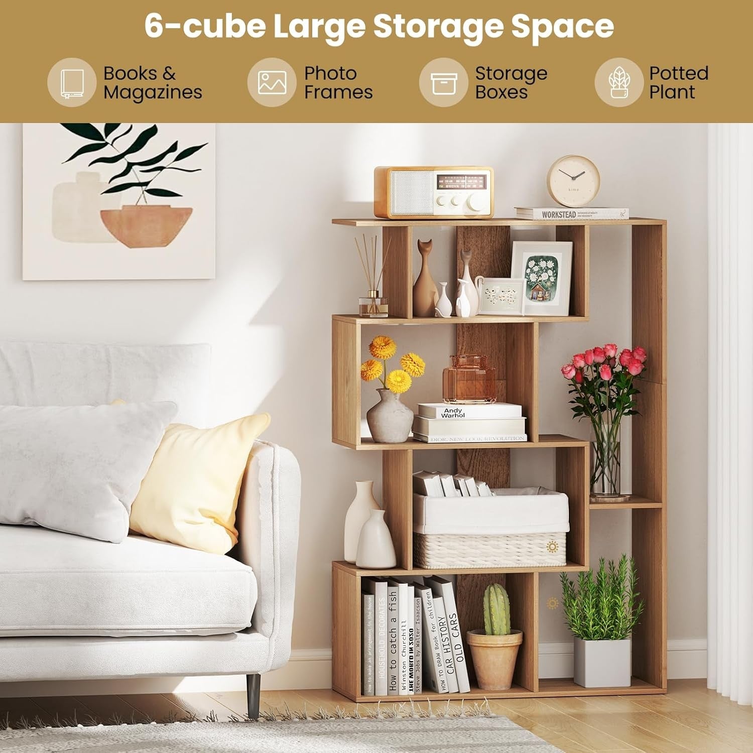 Modern 6-Cube S-Shape Bookcase Storage Unit with Anti-Tip Design – Natural Oak