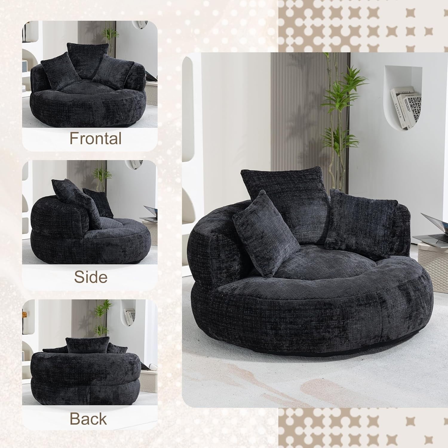 Black Luxury Bean Bag Sofa Chair w/ Pillows – Indoor Outdoor Gaming Seat