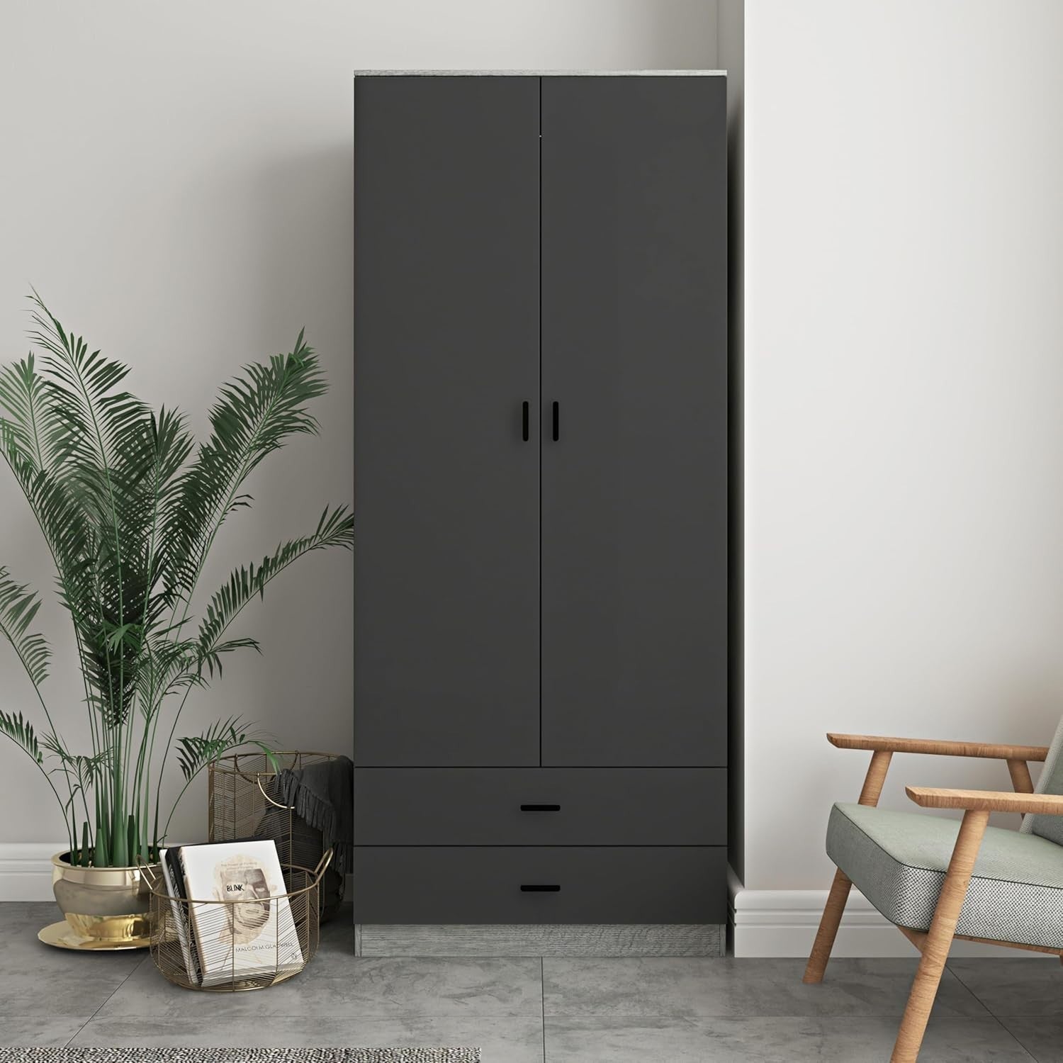 Modern Ash Grey Tall Wooden Wardrobe with 2 Drawers Bedroom Storage Unit