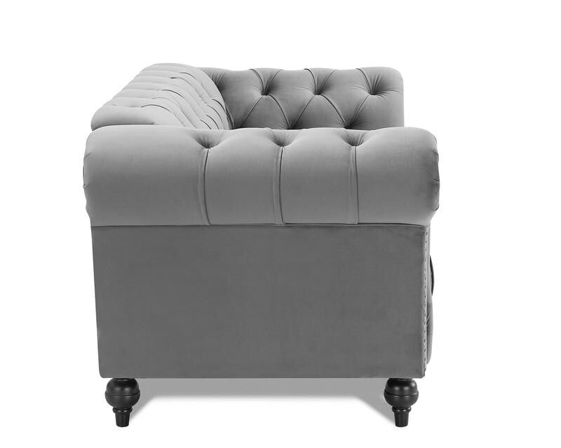 Grey Velvet Chesterfield 2 Seater Sofa Tufted Scroll Arm Couch