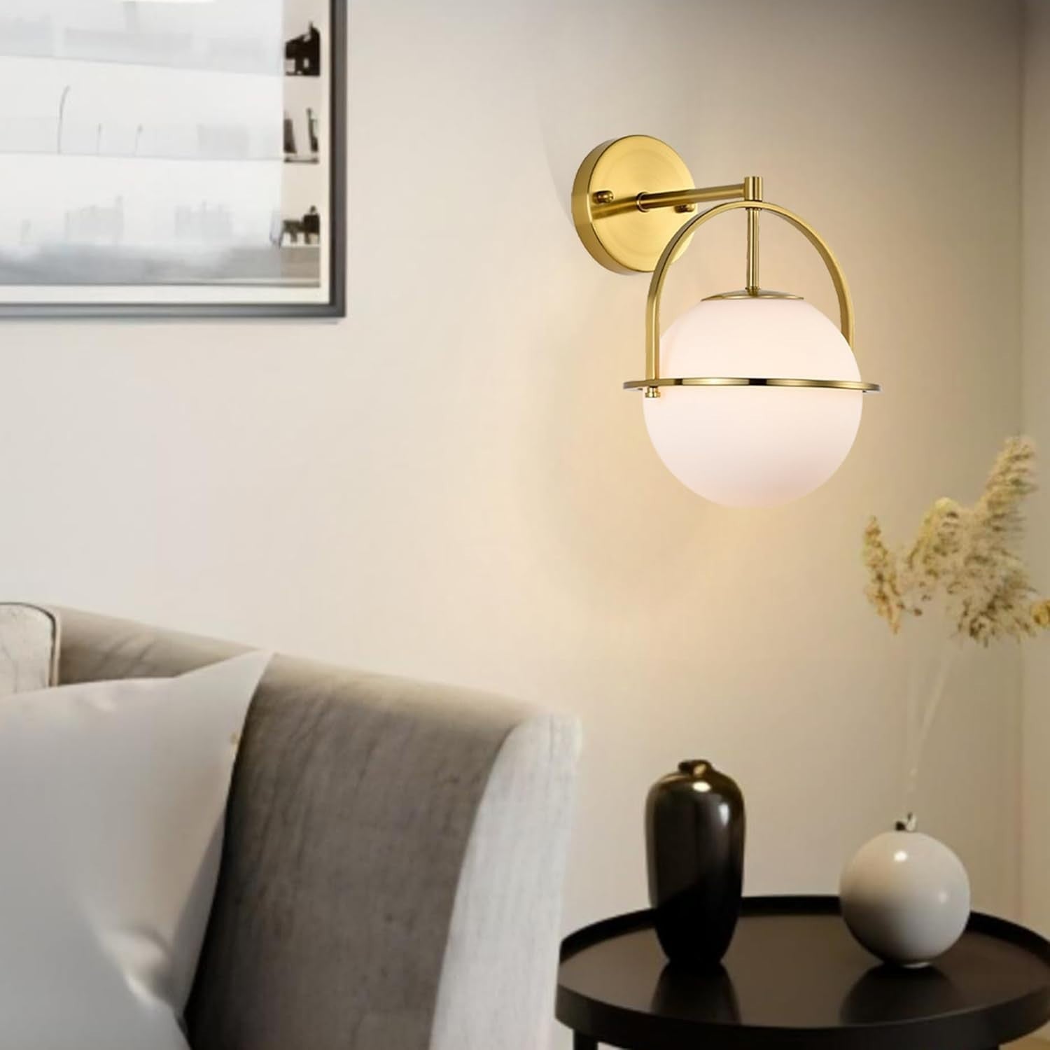 Gold Wall Sconce Light Frosted Glass Globe Lamp Modern Mid Century