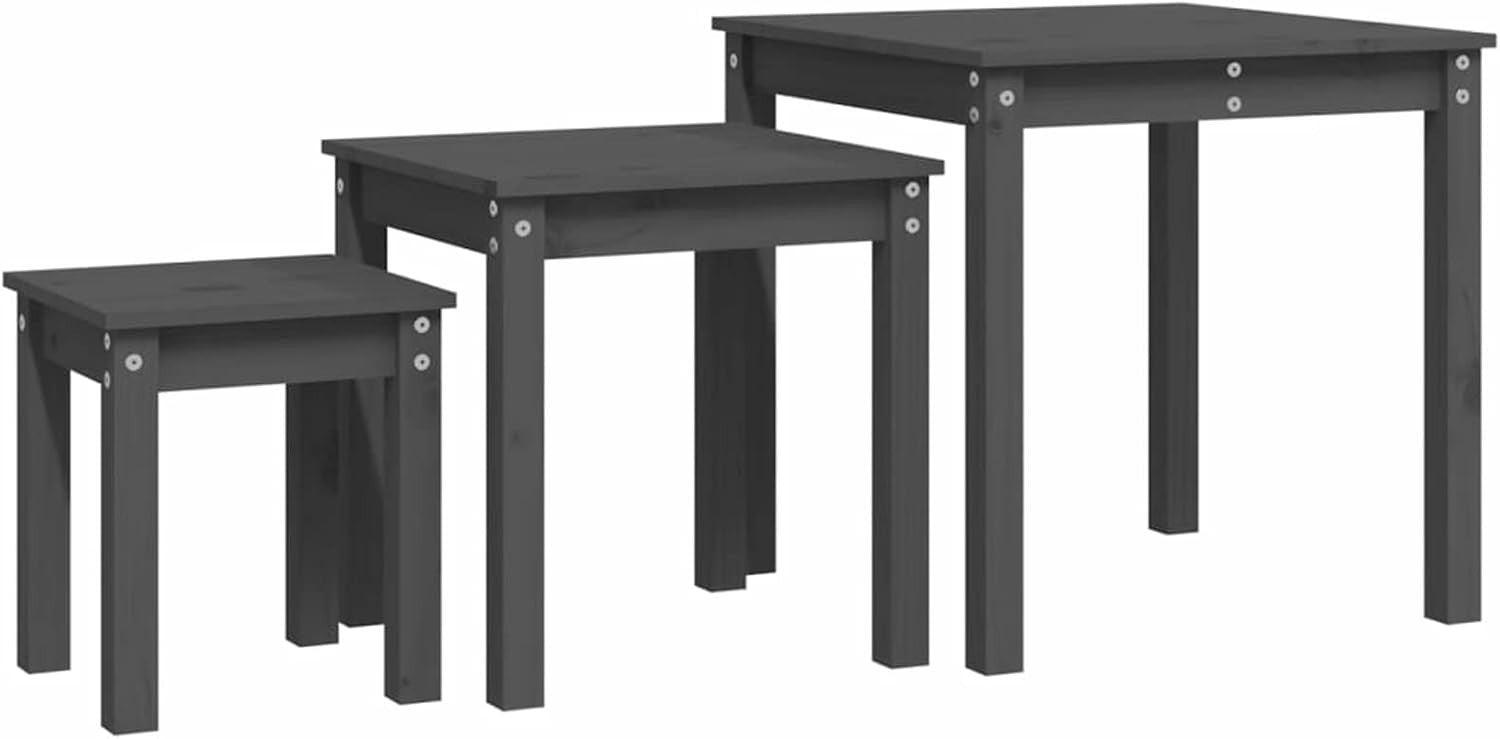 Grey Pine Wood Nesting Side End Tables Set of 2 Storage Living Room Furniture