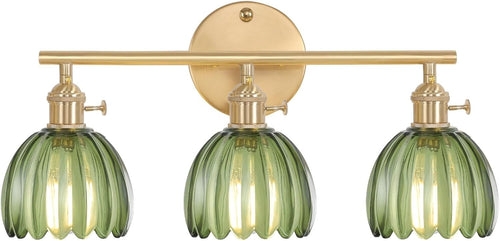 3-Light Green Glass Wall Sconce Vanity Light Brass Fixture Bathroom Mirror