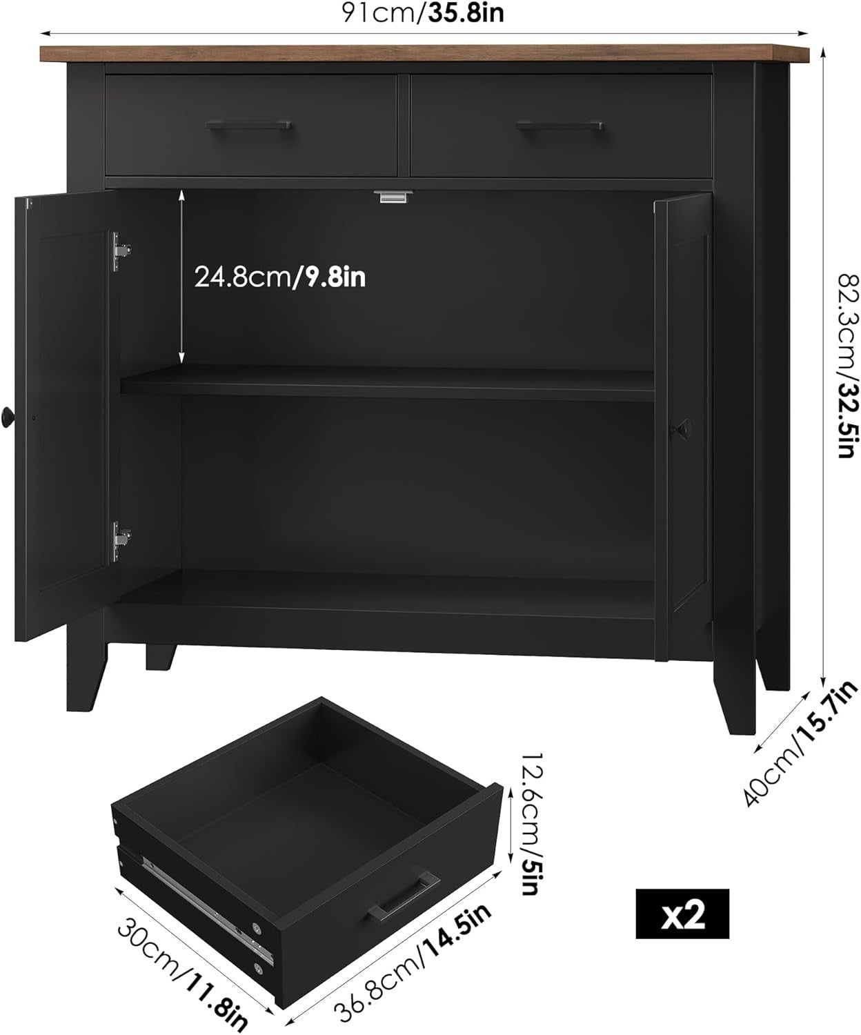 Black Sideboard Cabinet 2 Door 2 Drawer Freestanding Storage 91cm