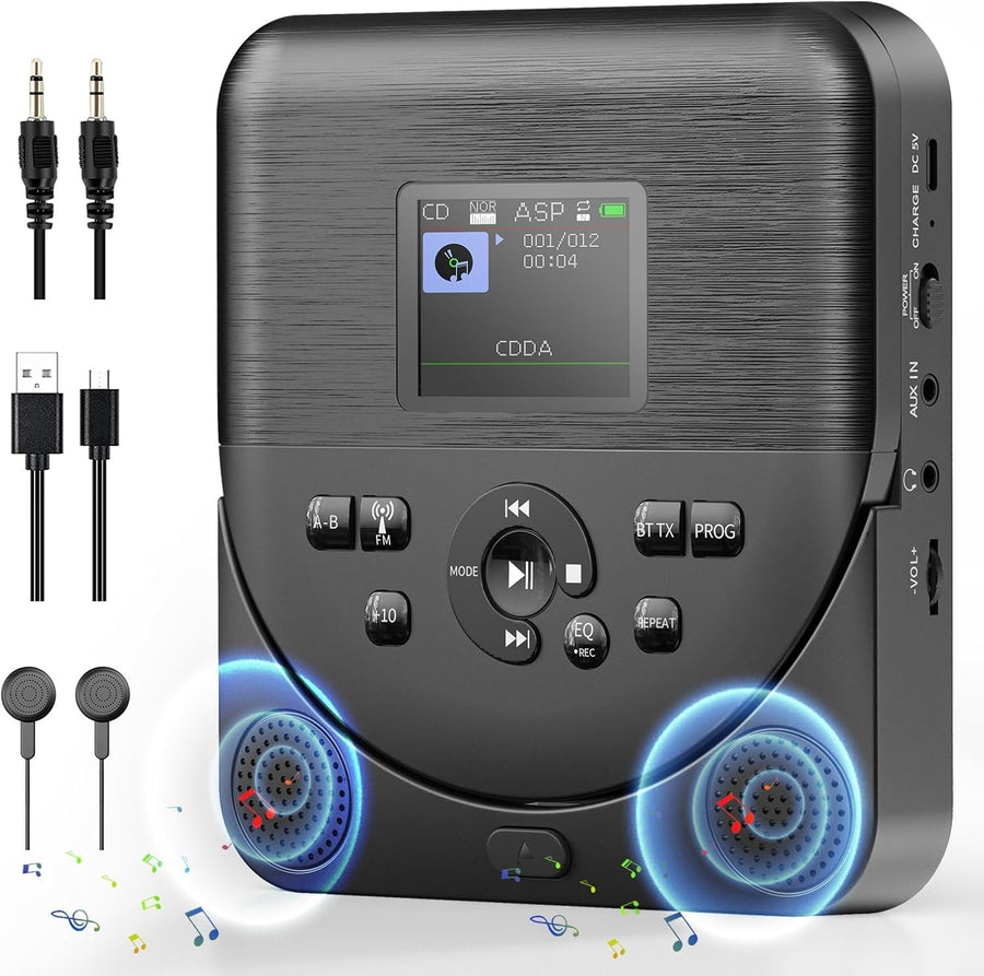 Portable Bluetooth CD Player FM Transmitter TF AUX Rechargeable Black
