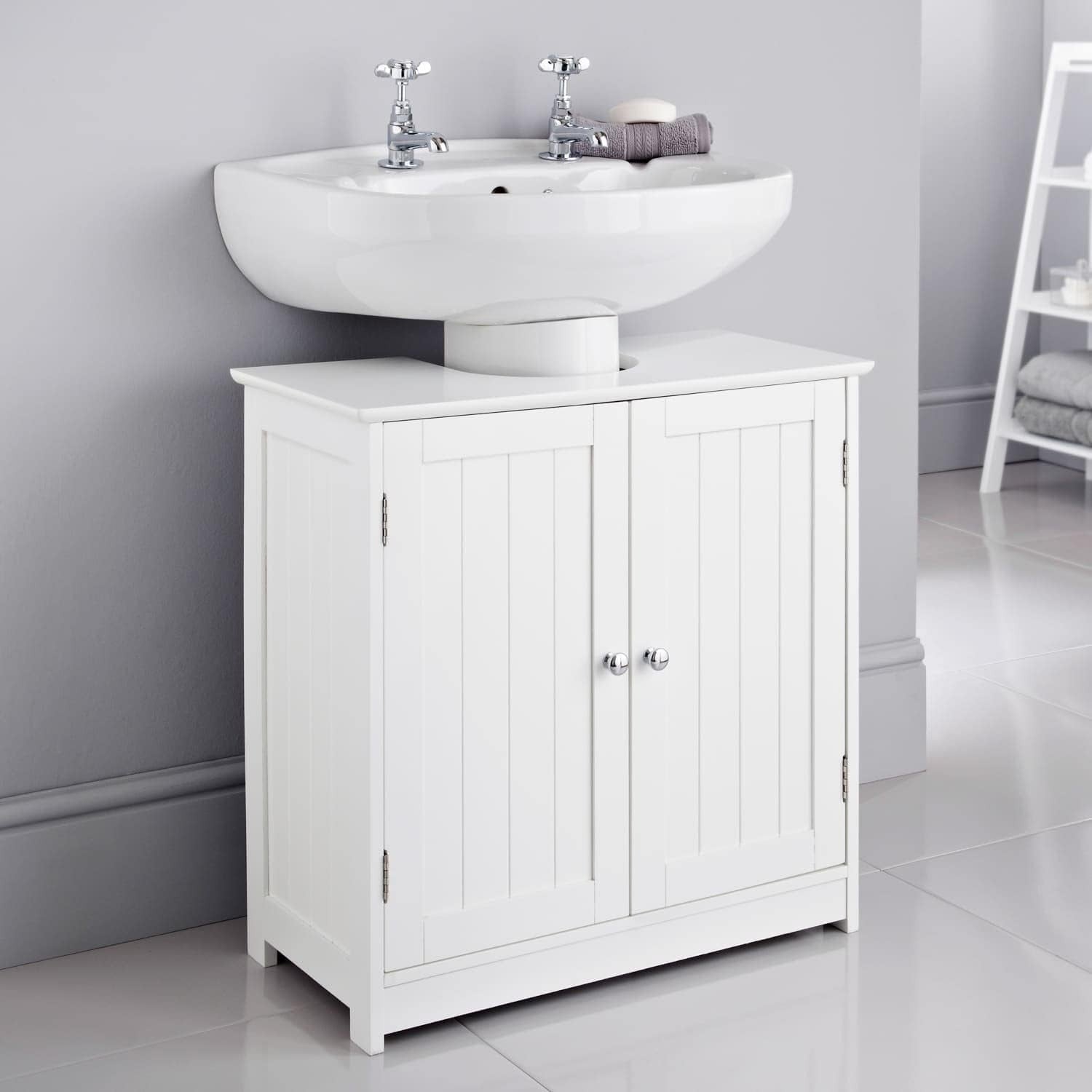 White Under Sink Bathroom Cabinet with Shelf & 2 Doors 60x30x60cm