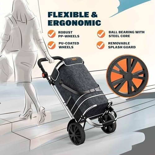 Foldable 3-in-1 Shopping Trolley with Cooler Bag – 56L Black Cart