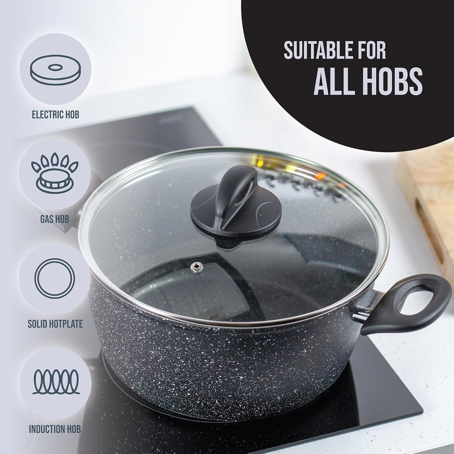 24cm Black Non Stick Stock Pot with Glass Lid – 5L Capacity Induction Safe