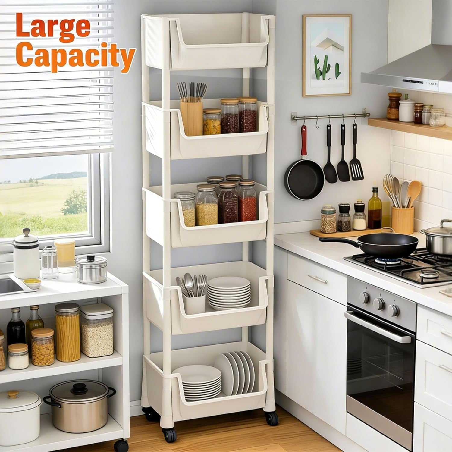 5 Tier Rolling Storage Trolley Slim Utility Cart Shelving Organizer Beige