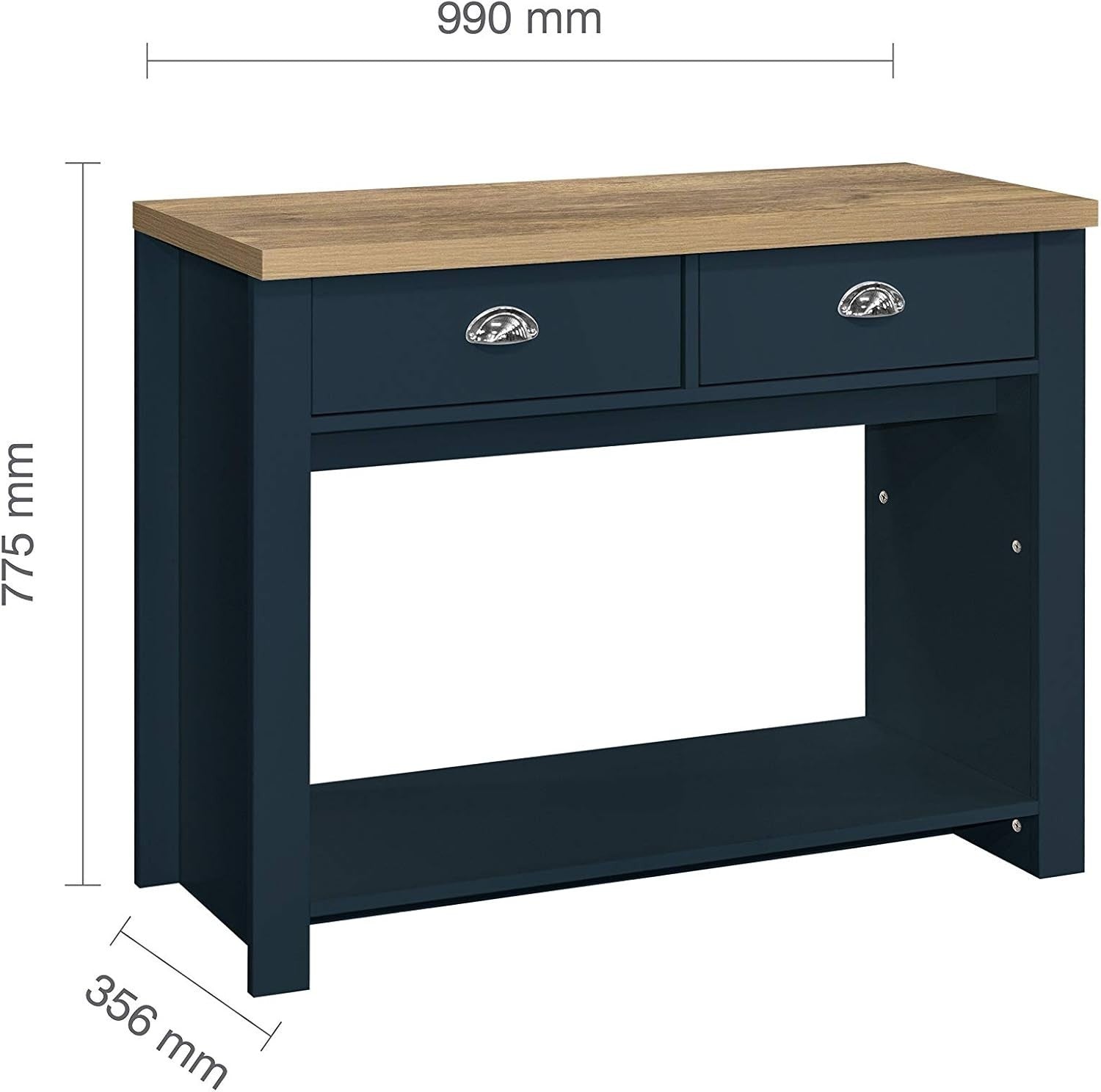 Navy Blue 2 Drawer Console Table Oak Top - Farmhouse Storage Shelf