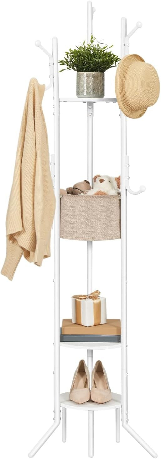 White Coat Rack with Shelves | Freestanding Hall Tree Organizer Stand 184cm Tall