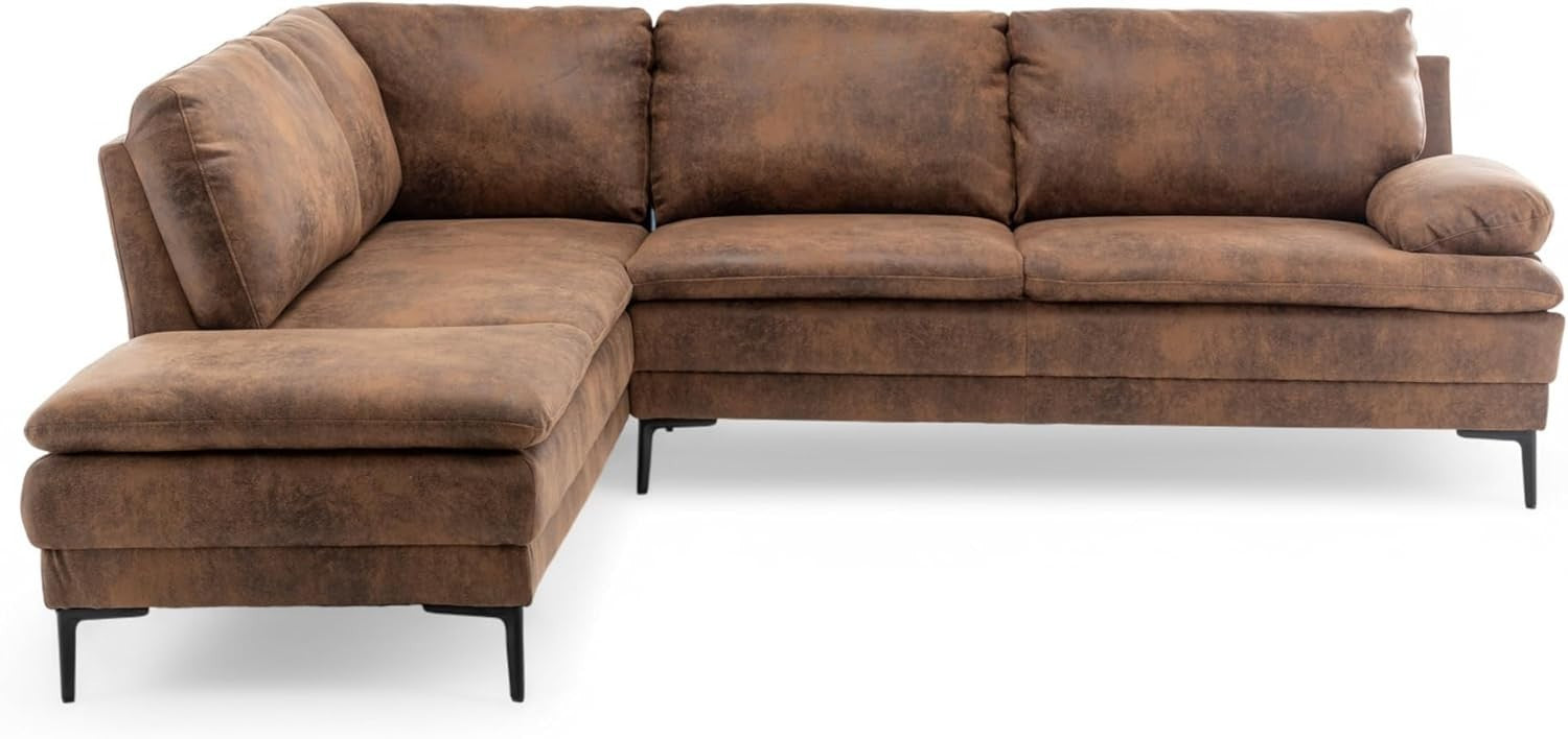 Brown Faux Leather 4-Seater L-Shaped Corner Sofa with Chaise, Plush Cushions