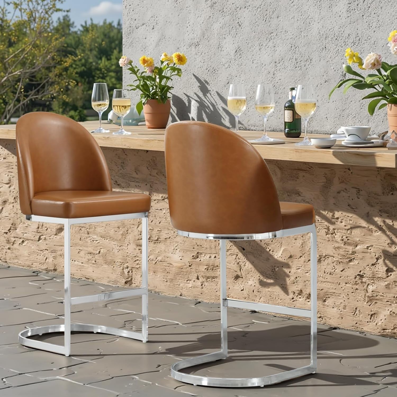 Brown PU Leather Bar Stools Set of 2 Swivel Kitchen Counter with Arms