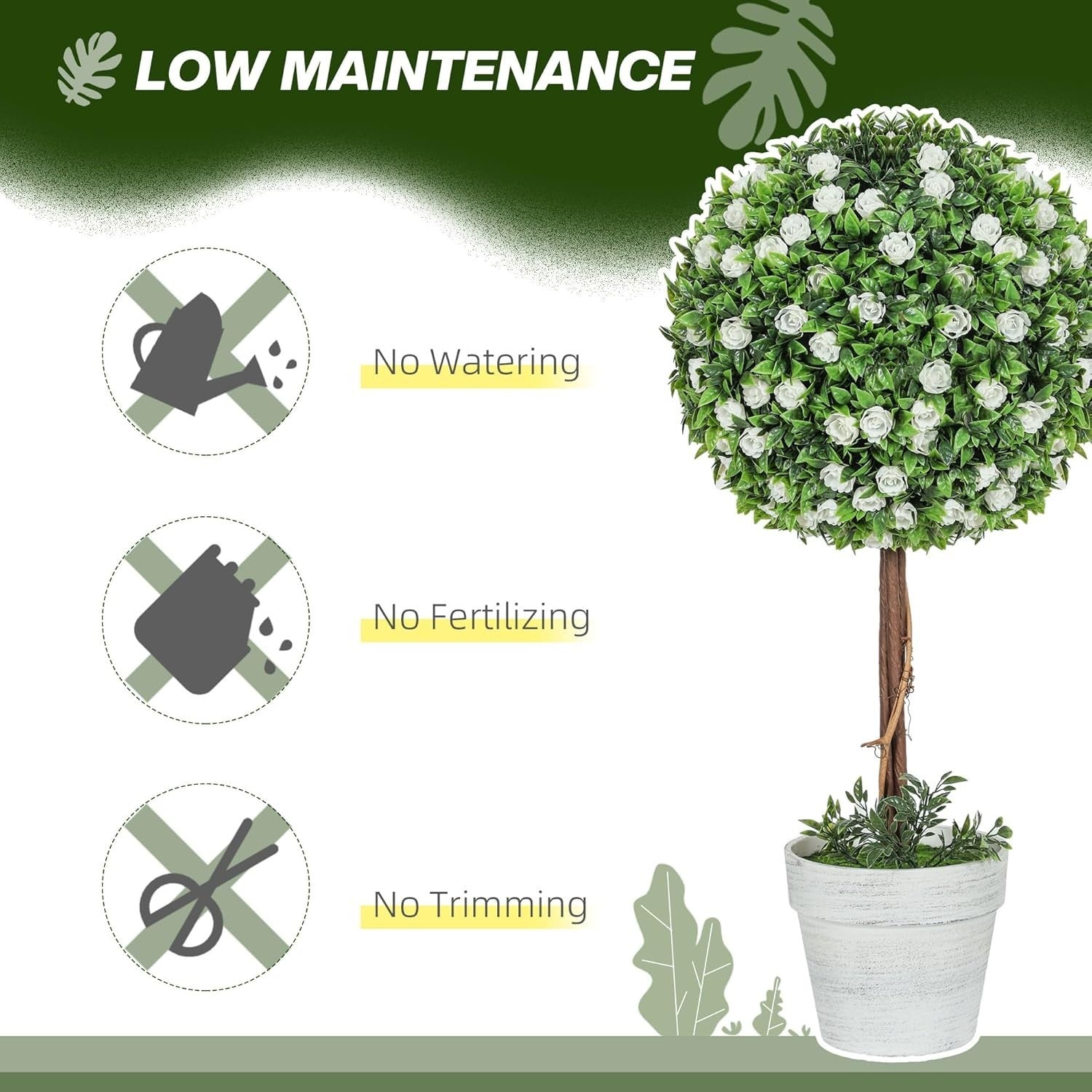 60cm Artificial Rose Ball Topiary Trees Set of 2 in White Pot Home Garden Decor