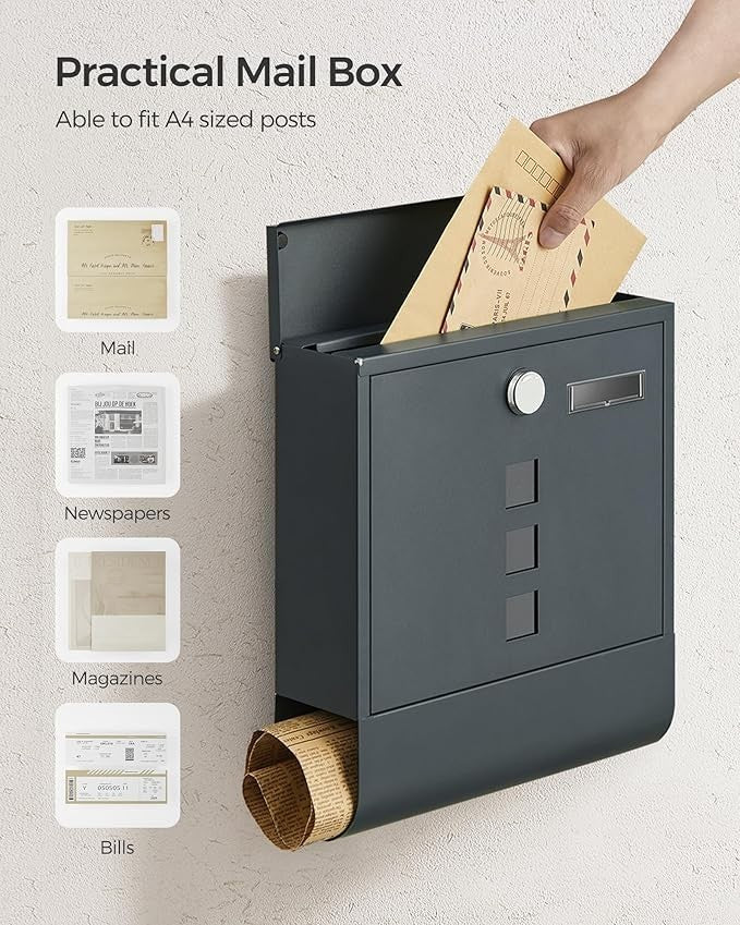 Lockable Wall Mounted Mailbox Anthracite Grey Secure Post Box with Holder